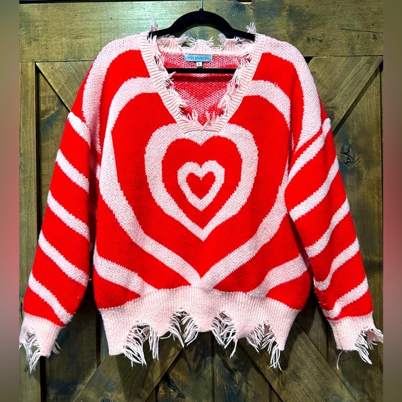 NWOT Miss Sparkling Pink & Red Frayed Heart Sweater Sz L - Picture 8 of 13